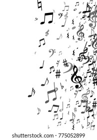 Black musical notes flying isolated on white background. Stylish musical notation symphony signs, notes for sound and tune music. Fresh vector symbols for melody recording, prints and back layers.