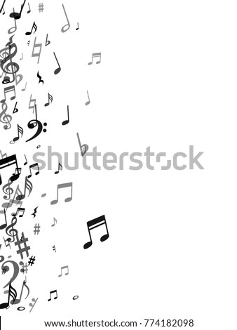 Black musical notes flying isolated on white background. Stylish musical notation symphony signs, notes for sound and tune music. Fresh vector symbols for melody recording, prints and back layers.