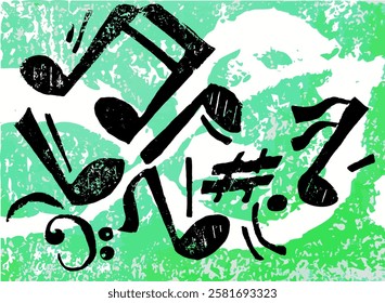 black musical notes on a green background. The expressive, graphic look illustrates rhythm and movement.