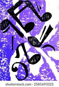 black musical notes on a purple background. The expressive, graphic look illustrates rhythm and movement.
