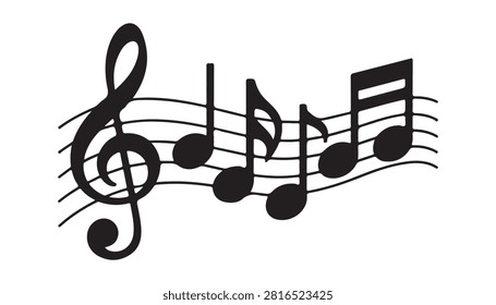 Black musical notes on waving stave lines. Treble clef symbol for song composition. Professional audio design.