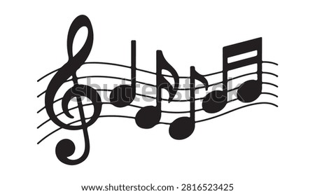 Black musical notes on waving stave lines. Treble clef symbol for song composition. Professional audio design.