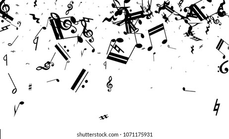 Black Musical Notes on White Background.  Many Random Falling Notes, Bass and Treble Clef. Vector Musical Symbols.  Jazz Background. Abstract White and Black Vector Background.