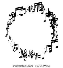 Black Musical Notes on White Background.  Many Random Falling Notes, Bass and Treble Clef. Vector Musical Symbols.  Jazz Background. Abstract Black and White Vector Background.