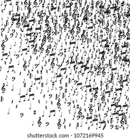 Black Musical Notes on White Background.  Many Random Falling Bass, Treble Clef and Notes. Vector Musical Symbols.  Jazz Background. Abstract Black and White Vector Background.