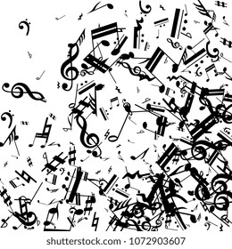 Black Musical Notes on White Background.  Many Random Falling Bass, Treble Clef and Notes. Vector Musical Symbols.  Jazz Background. Abstract Black and White Vector Background.