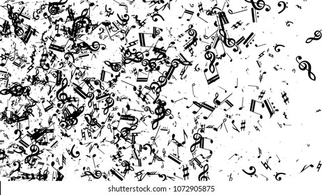 Black Musical Notes on White Background.  Many Random Falling Notes, Bass and Treble Clef. Vector Musical Symbols.  Jazz Background. Abstract Black and White Vector Background.