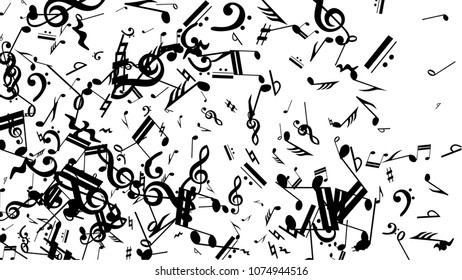Black Musical Notes on White Background.  Many Random Falling Notes, Bass and Treble Clef. Vector Musical Symbols.  Jazz Background. Abstract Black and White Vector Background.