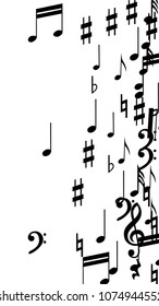 Black Musical Notes on White Background.  Vertical Orientation. Many Random Falling Notes, Bass and Treble Clef. Vector Musical Symbols.  Jazz Background. Abstract Black and White Vector Background.