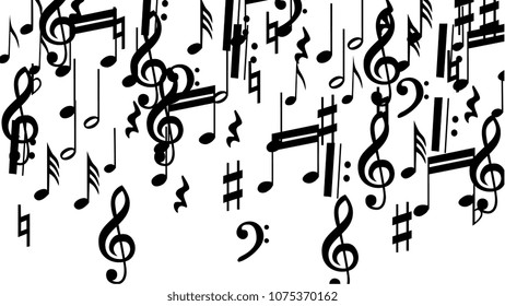 Black Musical Notes on White Background.  Many Random Falling Notes, Bass and Treble Clef. Vector Musical Symbols.  Jazz Background. Abstract Black and White Vector Background.