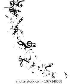Black Musical Notes on White Background.  Many Random Falling Bass, Treble Clef and Notes. Vector Musical Symbols.  Abstract White and Black Vector Background. Jazz Background. 