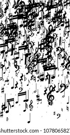 Black Musical Notes on White Background.  Vertical Orientation. Many Random Falling Bass, Treble Clef and Notes. Vector Musical Symbols.  Abstract White and Black Vector Background. Jazz Background. 