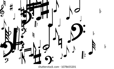 Black Musical Notes on White Background.  Many Random Falling Notes, Bass and Treble Clef. Vector Musical Symbols.  Jazz Background. Abstract Black and White Vector Background.