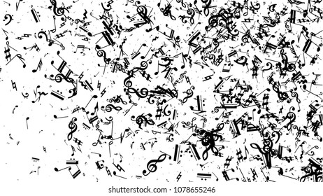 Black Musical Notes on White Background.  Many Random Falling Bass, Treble Clef and Notes. Vector Musical Symbols.  Jazz Background. Abstract Black and White Vector Background.