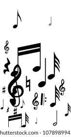 Black Musical Notes on White Background.  Vertical Orientation. Many Random Falling Notes, Bass and Treble Clef. Vector Musical Symbols.  Abstract White and Black Vector Background. Jazz Background. 