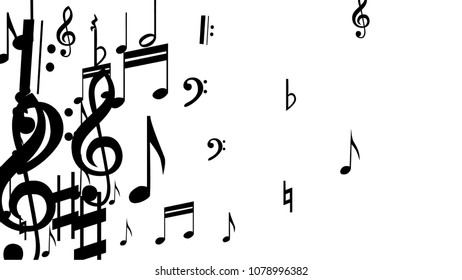 Black Musical Notes on White Background.  Many Random Falling Bass, Treble Clef and Notes. Vector Musical Symbols.  Jazz Background. Abstract Black and White Vector Background.