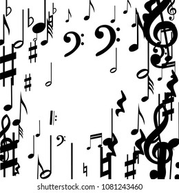 Black Musical Notes on White Background.  Many Random Falling Notes, Bass and Treble Clef. Vector Musical Symbols.  Abstract White and Black Vector Background. Jazz Background. 