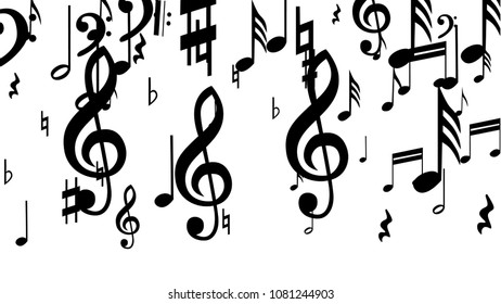 Black Musical Notes on White Background.  Many Random Falling Bass, Treble Clef and Notes. Vector Musical Symbols.  Jazz Background. Abstract Black and White Vector Background.