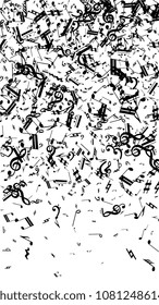 Black Musical Notes on White Background.  Vertical Orientation. Many Random Falling Bass, Treble Clef and Notes. Vector Musical Symbols.  Jazz Background. Abstract Black and White Vector Background.