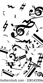 Black Musical Notes on White Background.  Vertical Orientation. Many Random Falling Bass, Treble Clef and Notes. Vector Musical Symbols.  Abstract White and Black Vector Background. Jazz Background. 