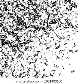 Black Musical Notes on White Background.  Many Random Falling Bass, Treble Clef and Notes. Vector Musical Symbols.  Abstract White and Black Vector Background. Jazz Background. 