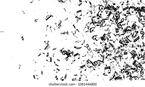 Black Musical Notes on White Background.  Many Random Falling Notes, Bass and Treble Clef. Vector Musical Symbols.  Abstract White and Black Vector Background. Jazz Background. 