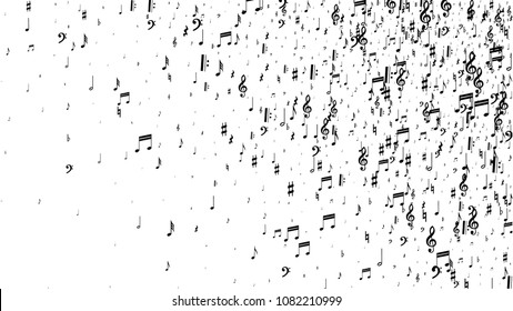 Black Musical Notes on White Background.  Many Random Falling Bass, Treble Clef and Notes. Vector Musical Symbols.  Abstract White and Black Vector Background. Jazz Background. 