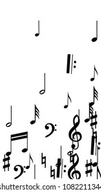 Black Musical Notes on White Background.  Vertical Orientation. Many Random Falling Notes, Bass and Treble Clef. Vector Musical Symbols.  Jazz Background. Abstract White and Black Vector Background.