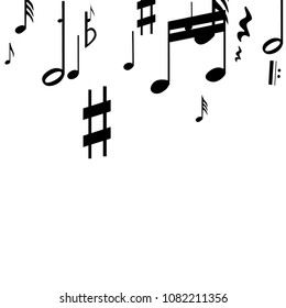 Black Musical Notes on White Background.  Many Random Falling Bass, Treble Clef and Notes. Vector Musical Symbols.  Jazz Background. Abstract Black and White Vector Background.