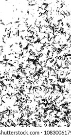 Black Musical Notes on White Background.  Vertical Orientation. Many Random Falling Notes, Bass and Treble Clef. Vector Musical Symbols.  Jazz Background. Abstract Black and White Vector Background.