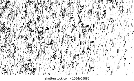 Black Musical Notes on White Background.  Many Random Falling Notes, Bass and Treble Clef. Vector Musical Symbols.  Abstract White and Black Vector Background. Jazz Background. 