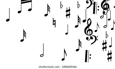 Black Musical Notes on White Background.  Many Random Falling Bass, Treble Clef and Notes. Vector Musical Symbols.  Jazz Background. Abstract Black and White Vector Background.