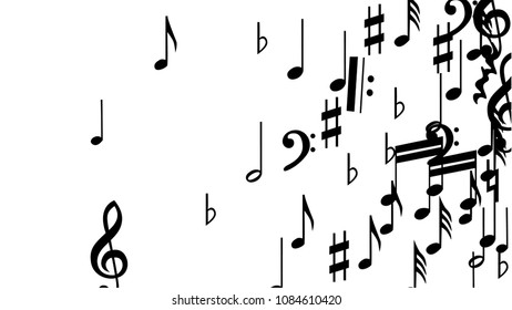 Black Musical Notes on White Background.  Many Random Falling Bass, Treble Clef and Notes. Vector Musical Symbols.  Jazz Background. Abstract Black and White Vector Background.