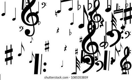 Black Musical Notes on White Background.  Many Random Falling Bass, Treble Clef and Notes. Vector Musical Symbols.  Abstract White and Black Vector Background. Jazz Background. 