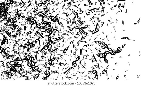 Black Musical Notes on White Background.  Many Random Falling Notes, Bass and Treble Clef. Vector Musical Symbols.  Jazz Background. Abstract White and Black Vector Background.