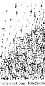 Black Musical Notes on White Background.  Vertical Orientation. Many Random Falling Notes, Bass and Treble Clef. Vector Musical Symbols.  Jazz Background. Abstract White and Black Vector Background.