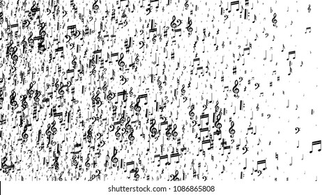 Black Musical Notes on White Background.  Many Random Falling Notes, Bass and Treble Clef. Vector Musical Symbols.  Abstract White and Black Vector Background. Jazz Background. 