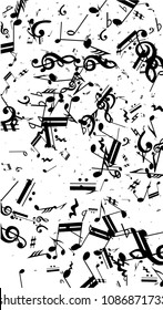 Black Musical Notes on White Background.  Vertical Orientation. Many Random Falling Bass, Treble Clef and Notes. Vector Musical Symbols.  Abstract White and Black Vector Background. Jazz Background. 