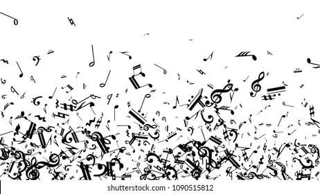Black Musical Notes on White Background.  Many Random Falling Bass, Treble Clef and Notes. Vector Musical Symbols.  Jazz Background. Abstract White and Black Vector Background.