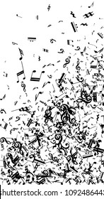 Black Musical Notes on White Background.  Vertical Orientation. Many Random Falling Notes, Bass and Treble Clef. Vector Musical Symbols.  Abstract White and Black Vector Background. Jazz Background. 