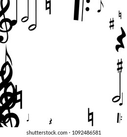 Black Musical Notes on White Background.  Many Random Falling Notes, Bass and Treble Clef. Vector Musical Symbols.  Abstract White and Black Vector Background. Jazz Background. 