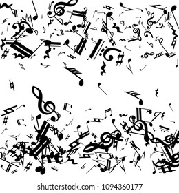 Black Musical Notes on White Background.  Many Random Falling Bass, Treble Clef and Notes. Vector Musical Symbols.  Jazz Background. Abstract White and Black Vector Background.