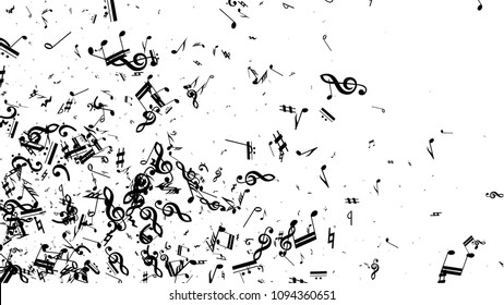Black Musical Notes on White Background.  Many Random Falling Notes, Bass and Treble Clef. Vector Musical Symbols.  Jazz Background. Abstract Black and White Vector Background.