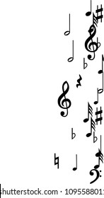 Black Musical Notes on White Background.  Vertical Orientation. Many Random Falling Bass, Treble Clef and Notes. Vector Musical Symbols.  Jazz Background. Abstract Black and White Vector Background.