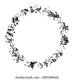 Black Musical Notes on White Background.  Many Random Falling Bass, Treble Clef and Notes. Vector Musical Symbols.  Abstract White and Black Vector Background. Jazz Background. 