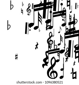 Black Musical Notes on White Background.  Many Random Falling Notes, Bass and Treble Clef. Vector Musical Symbols.  Jazz Background. Abstract Black and White Vector Background.