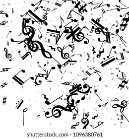 Black Musical Notes on White Background.  Many Random Falling Notes, Bass and Treble Clef. Vector Musical Symbols.  Jazz Background. Abstract Black and White Vector Background.