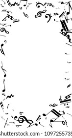 Black Musical Notes on White Background.  Vertical Orientation. Many Random Falling Bass, Treble Clef and Notes. Vector Musical Symbols.  Jazz Background. Abstract Black and White Vector Background.