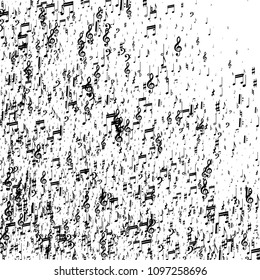 Black Musical Notes on White Background.  Many Random Falling Bass, Treble Clef and Notes. Vector Musical Symbols.  Abstract White and Black Vector Background. Jazz Background. 