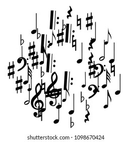 Black Musical Notes on White Background.  Many Random Falling Bass, Treble Clef and Notes. Vector Musical Symbols.  Jazz Background. Abstract Black and White Vector Background.